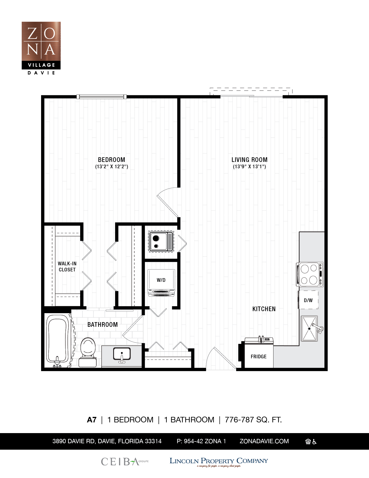 Floor plan for 1 bed, 1 bath, 776 sqft